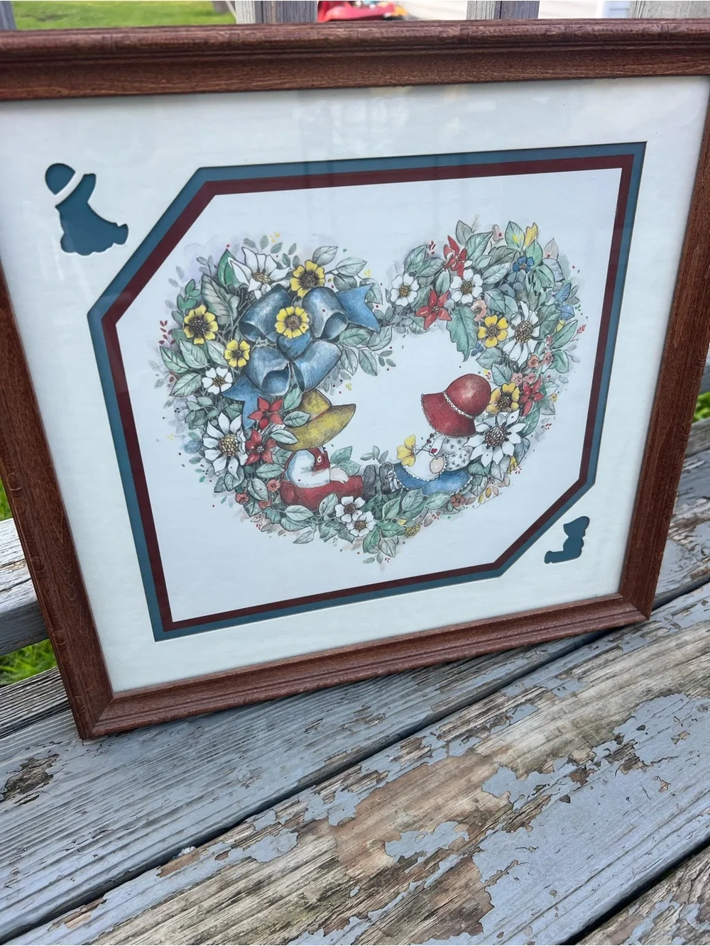 L CHAMBERS Art Print COUNTRY Flowers RIBBON Boy Girl HEART Frame Matted 16½x15½